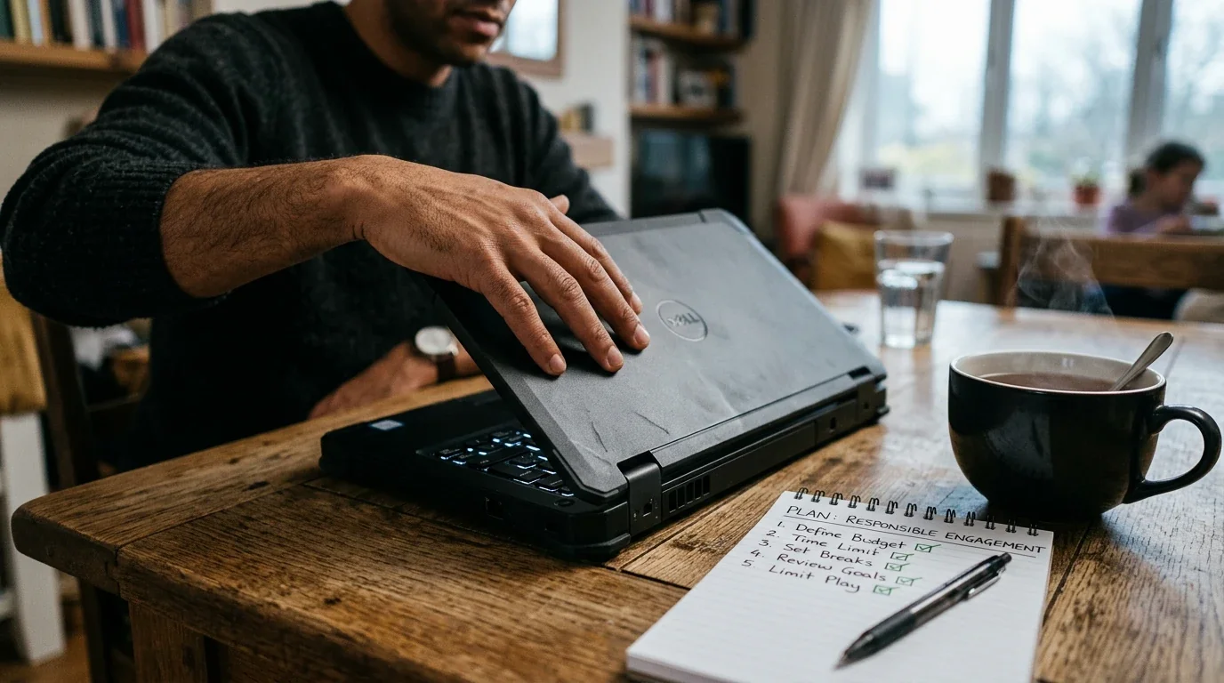 Mano che chiude con calma un computer accanto a una lista di limiti personali